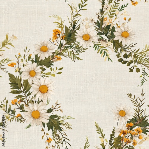 Vintage Daisy and Fern wreath on vintage beige fabric background, seamless repeating pattern, textile print style, minimal, charming floral and foliage design, cottage decor, textiles