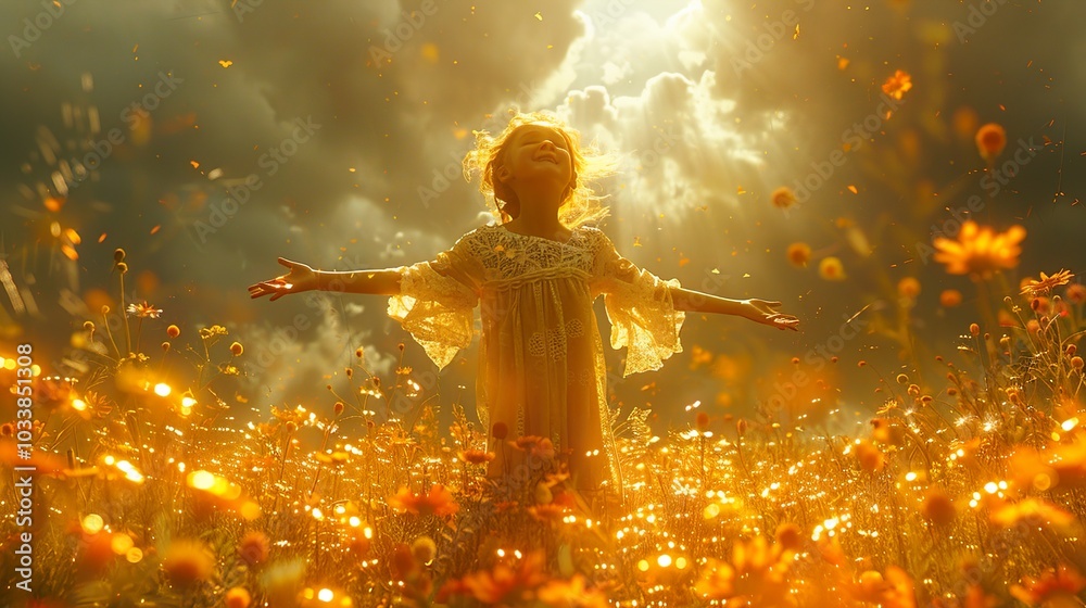 Little Girl Joyfully Embraces the Golden Sunshine in a Field of Flowers