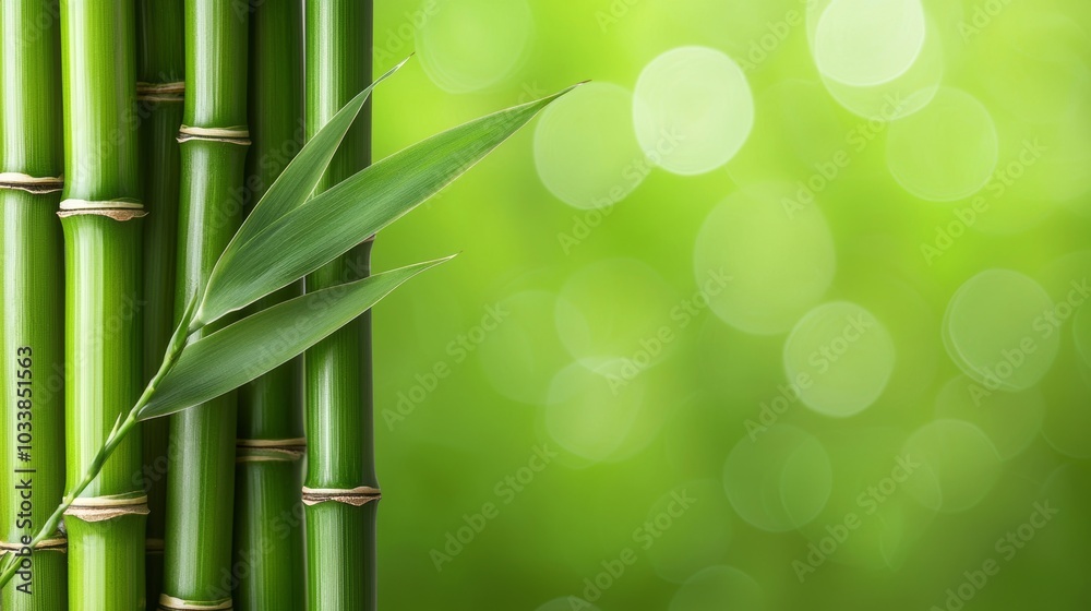 Obraz premium Sharp, green bamboo stems with soft, defocused background, designed to provide space for text in a clean, natural setting