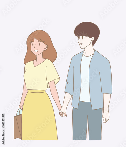 Happy couple holding hands, walking together with shopping bag. Hand drawn flat cartoon character vector illustration. 