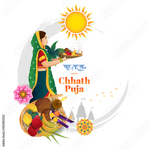 Happy Chhath Puja Illustration with Indian Women doing prayer of God Sun