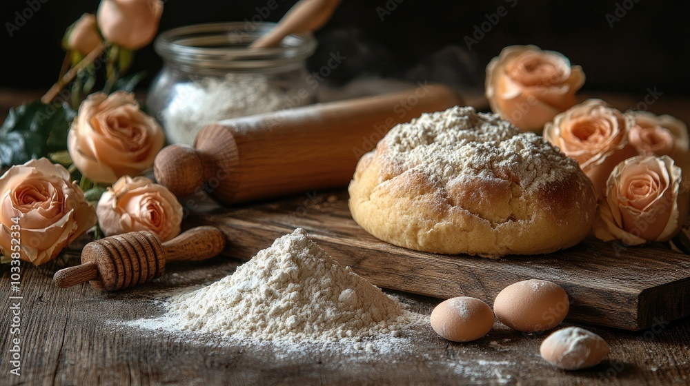 Fototapeta premium Rolling pin and flour on a rustic wooden table