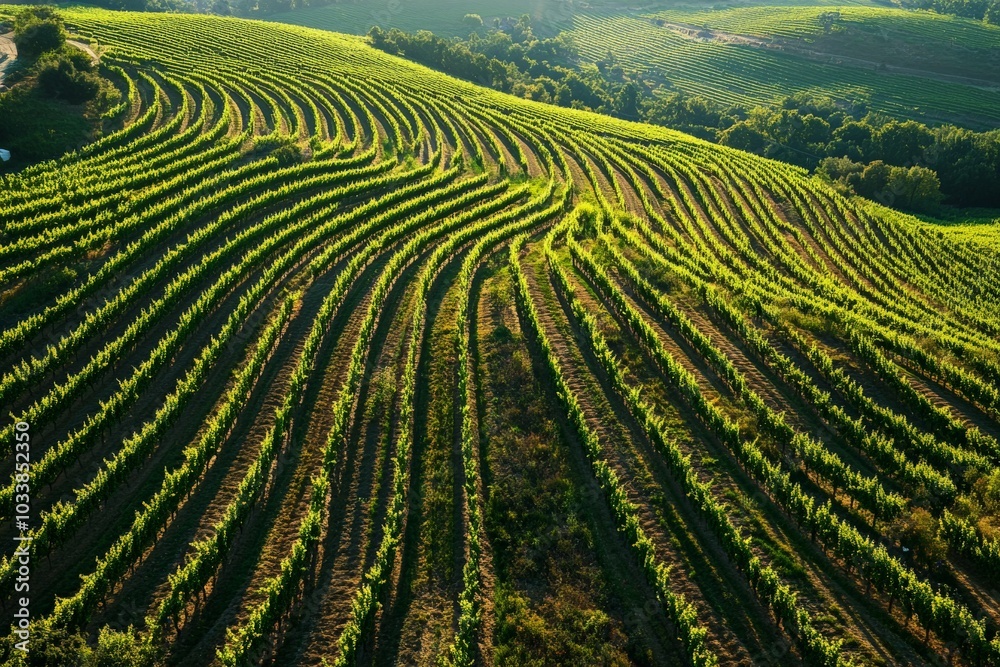 Fototapeta premium Curved rows of vines bathed in sunlight spread across a hillside, creating a mesmerizing and dynamic pattern showcasing the intricate beauty of vineyard cultivation.