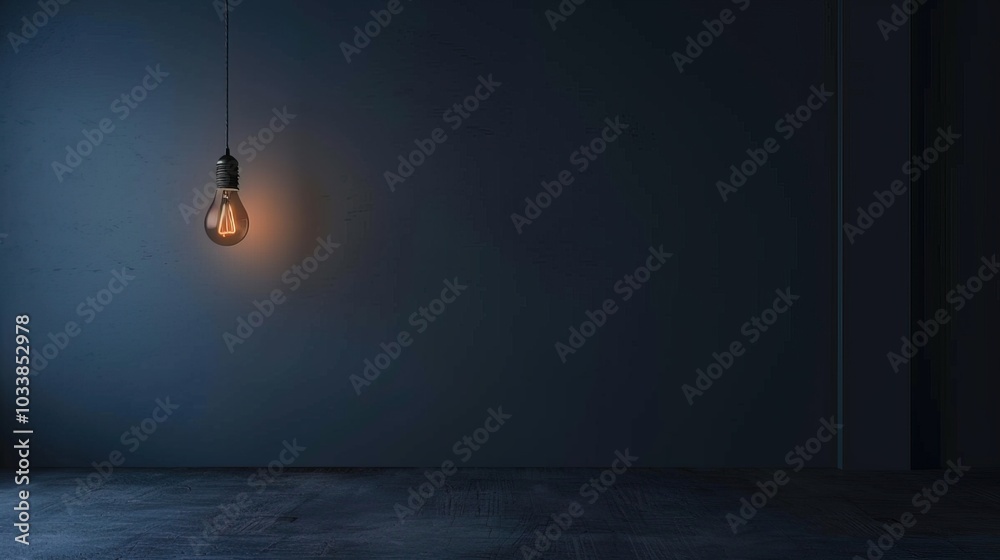 Dark empty room with single flickering light bulb casting long shadows, emphasizing absence of power and eerie atmosphere, minimalist setting with focus on light bulb's glow. Dark empty room with single flickering light bulb casting long shadows, emphasizing absence of power and eerie atmosphere, minimalist setting with focus on light bulb's glow.