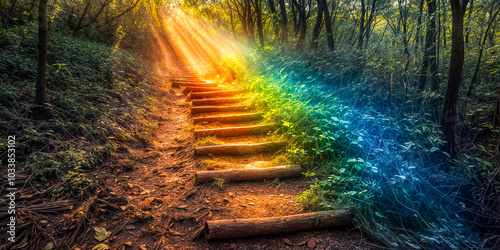 Marches dans la forêt sous des couleurs arc-en-ciel photo