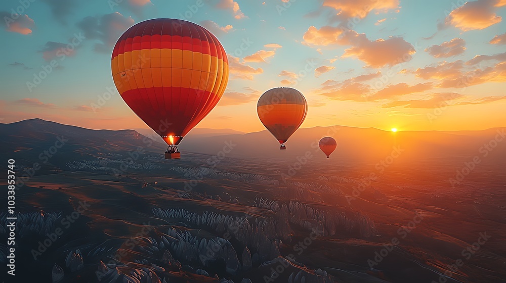 Three hot air balloons fly over a landscape during a vibrant sunset. Three hot air balloons fly over a landscape during a vibrant sunset.