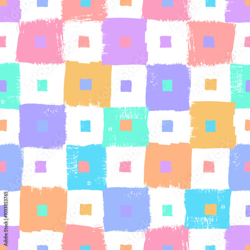 Vector checkerboard pattern. Seamless colorful brush stroke background. Checkered print, pink, purple, blue, orange, yellow and white colors. Painted ornament for kids. Rainbow motif. Childish design