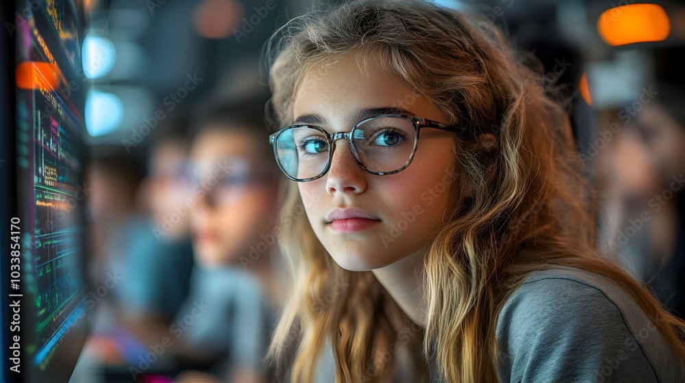 Thoughtful Curly Haired Student Gazes at Futuristic Tech Display in Blurred Urban Nightscape Thoughtful Curly Haired Student Gazes at Futuristic Tech Display in Blurred Urban Nightscape