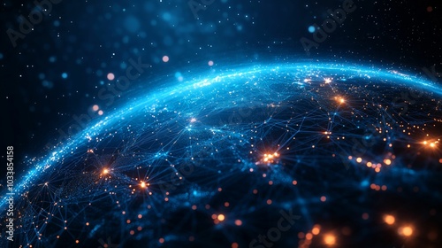 Illuminated Earth with Glowing Data Points and Digital Network Connections