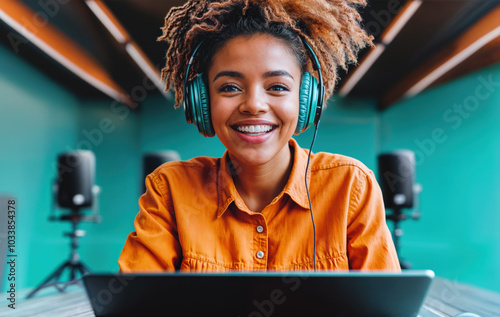 A young woman with curly hair wearing headphones and a bright orange shirt is smiling at the camera.