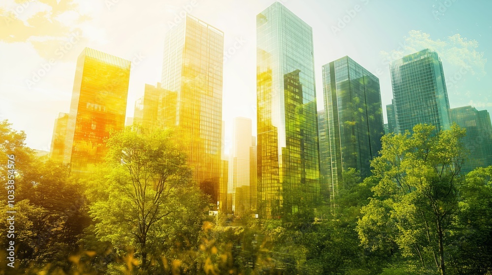 Obraz premium Cityscape with Glass Skyscrapers and Green Trees in Bright Sunlight