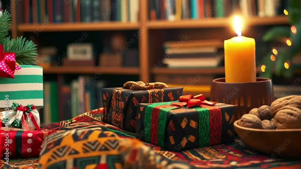 Christmas presents, a candle, walnuts, and a patterned tablecloth are on a table in front of bookshelves. Christmas presents, a candle, walnuts, and a patterned tablecloth are on a table in front of bookshelves.