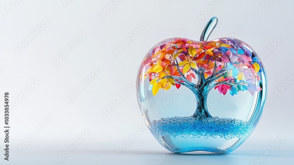 Obraz premium 3D glass apple product, with blue glaciers and colorful tree of life inside, colorful and dreamy, transparent and delicate apple shape, the leaves