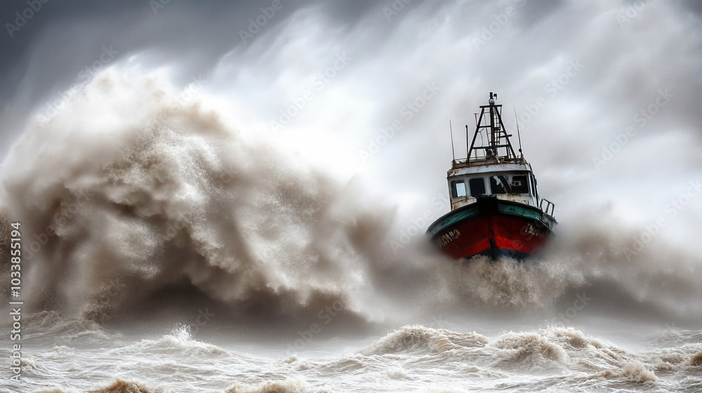 Naklejka premium A small fishing boat struggling against the rough waves of a super typhoon, battling to stay afloat. --chaos