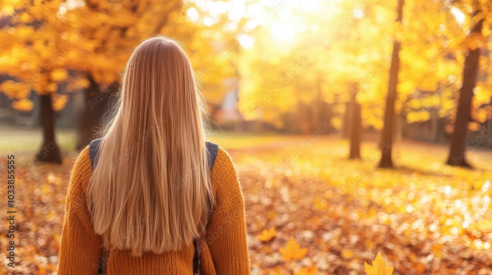 Woman walking through a park on her birthday, soft autumn colors around her, serene and peaceful atmosphere Woman walking through a park on her birthday, soft autumn colors around her, serene and peaceful atmosphere