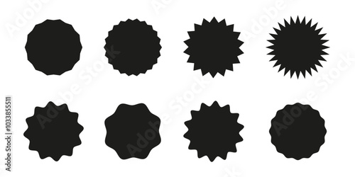 Circle sticker. Star burst shape for price. Blank sale stickers. Wavy edge promo black badges. Tags silhouettes. Flat vintage labels.