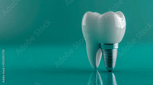Dental implant and healthy white tooth on light blue background with reflection