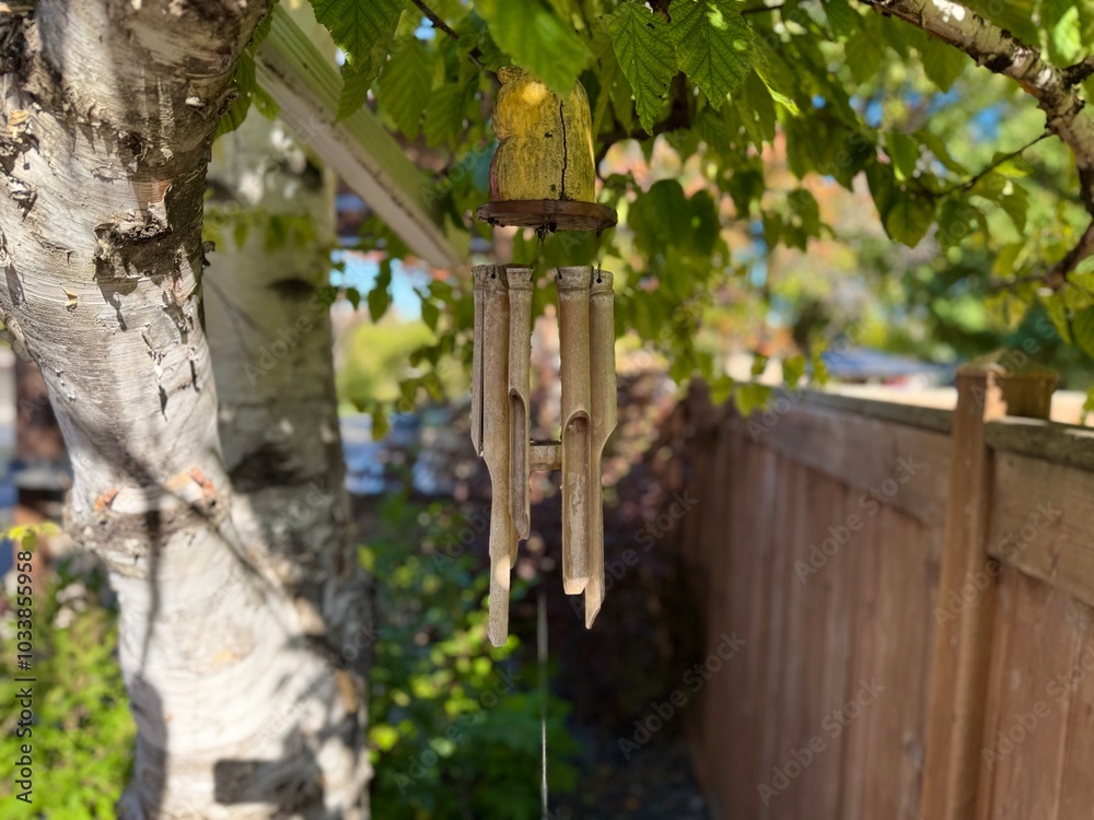 Bamboo wind chime hanging on a birch tree. Close up view Bamboo wind chime hanging on a birch tree. Close up view