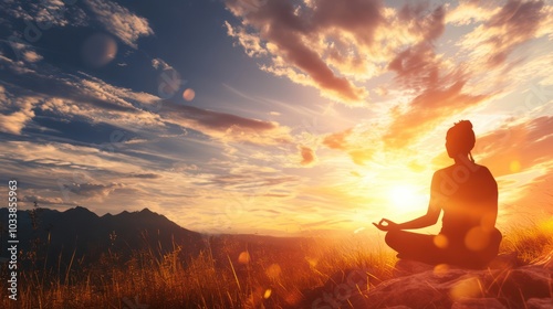 A woman is sitting in the grass, looking up at the sun