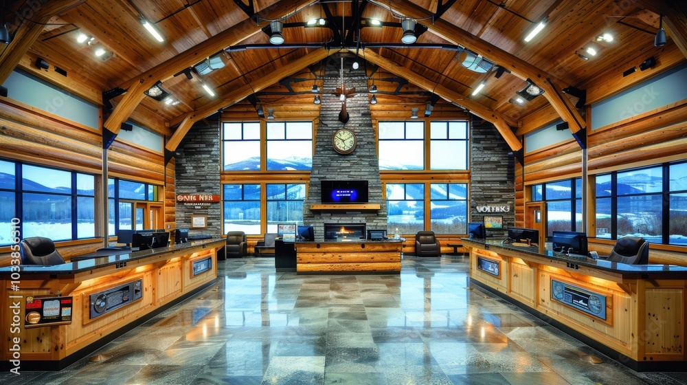 Fototapeta premium Inside view of a modern wooden architecture building featuring a spacious interior with high ceilings and large windows showcasing scenic outdoor views