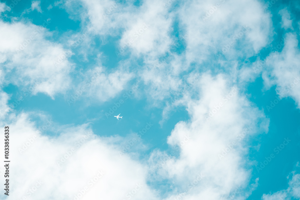 Fototapeta premium 青空に浮かぶ雲と小さな飛行機