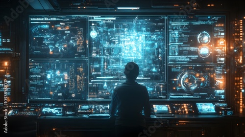 Wallpaper Mural Futuristic Digital Interface with Holographic Data Visualization and Technological Display in Modern Intelligent Workspace Torontodigital.ca