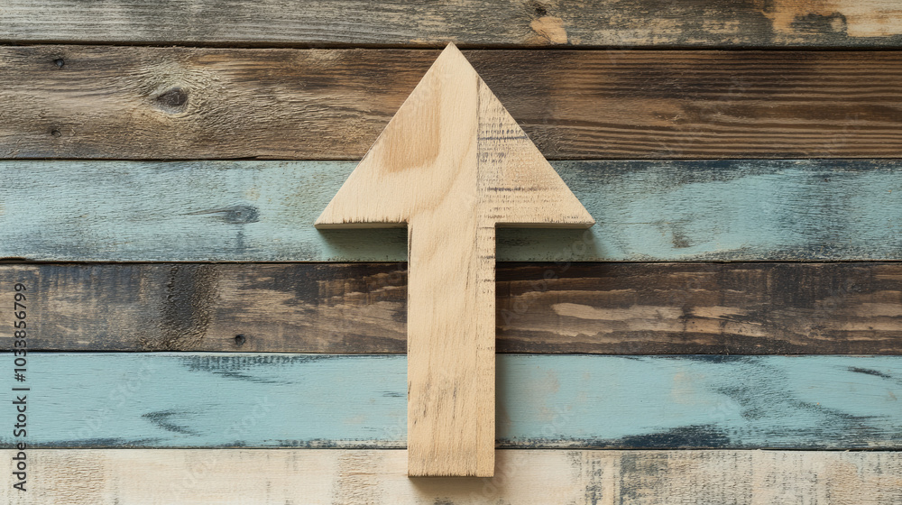 Naklejka premium A wooden business symbol in the shape of an arrow pointing upwards, placed against a wooden backdrop, symbolizing progress. --chaos
