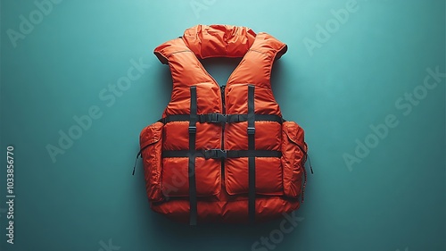 Bright orange life vest hung on teal wall background photo