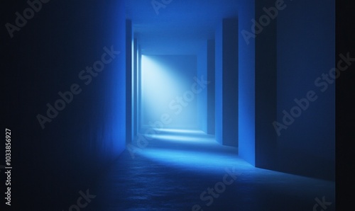 Mysterious Blue Hallway with Light Beam