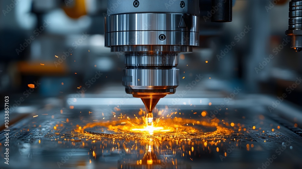 Laser Metal Cutting Machine Producing Bright Orange Sparks in Industrial Workshop