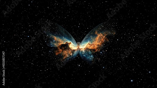 A beautiful colorful butterfly-shaped nebula in the deep black of space, with stars all around it. A high definition photograph showing a breathtaking photo