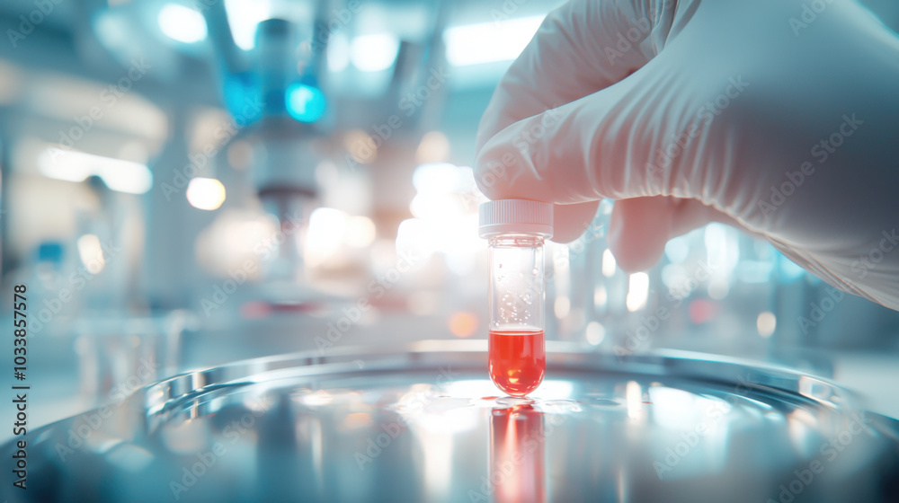 scientist is carefully holding blood sample in laboratory setting, showcasing precision and attention to detail. vibrant red liquid contrasts with sterile environment, emphasizing importance of scientist is carefully holding blood sample in laboratory setting, showcasing precision and attention to detail. vibrant red liquid contrasts with sterile environment, emphasizing importance of
