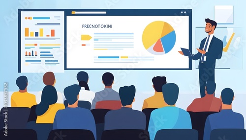 Businessman giving a presentation to an audience with data visualizations on a screen photo