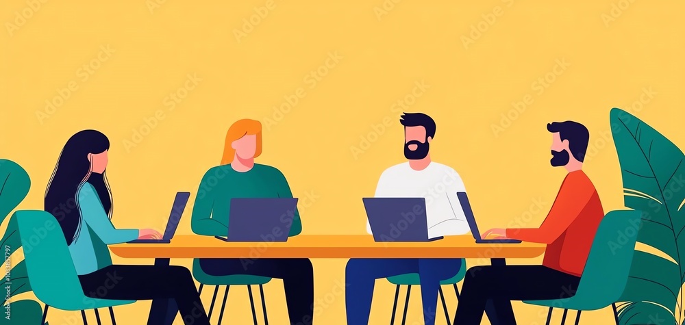 Group of professionals collaborating around a table with laptops. Group of professionals collaborating around a table with laptops.