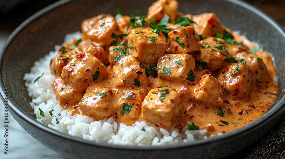 Creamy tofu dish served over fluffy white rice with herbs. Creamy tofu dish served over fluffy white rice with herbs.