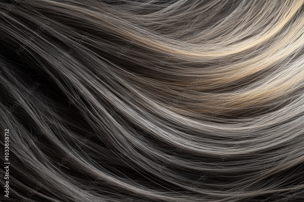 Close-up view of flowing hair strands with a mix of dark grey and light tones, showcasing texture and movement. Close-up view of flowing hair strands with a mix of dark grey and light tones, showcasing texture and movement.