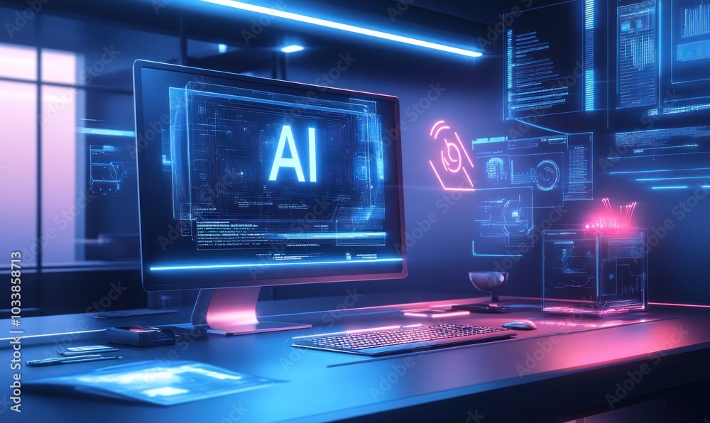 Futuristic AI Workspace with Digital Interfaces Futuristic AI Workspace with Digital Interfaces