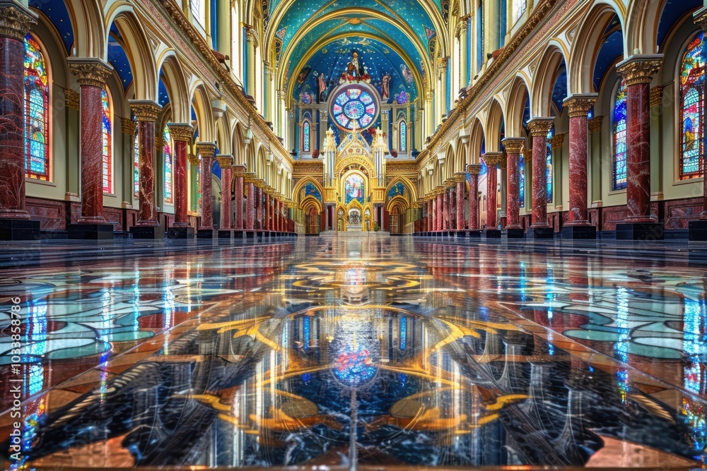 Obraz premium This magnificent architectural masterpiece features an intricately designed interior of a grand cathedral with ornate stained glass windows and exquisite arches