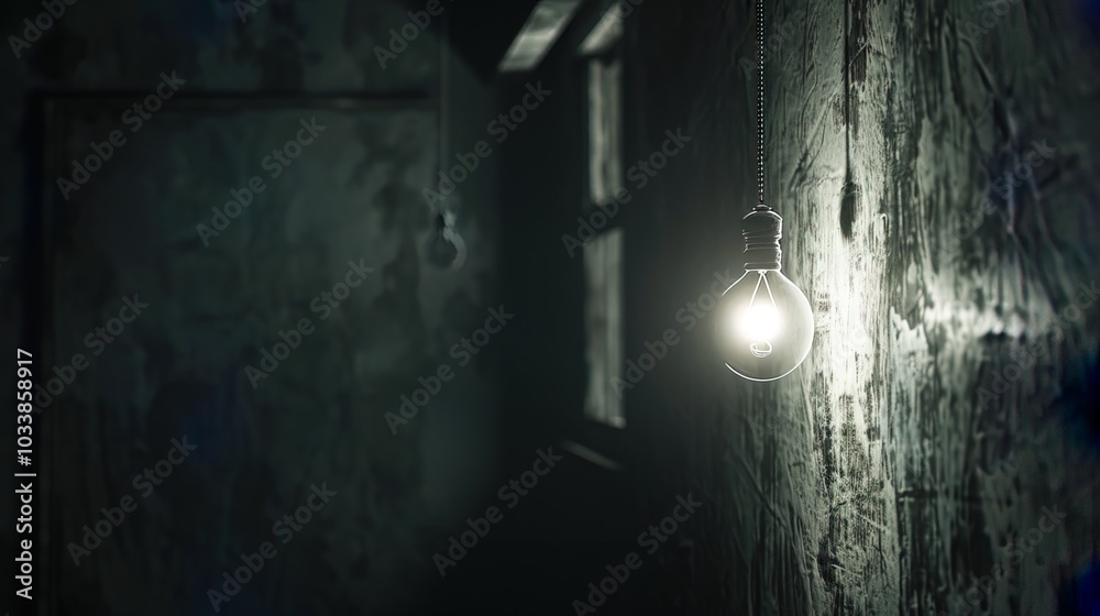 Dark empty room with single flickering light bulb casting long shadows, emphasizing absence of power and eerie atmosphere, minimalist setting with focus on light bulb's glow. Dark empty room with single flickering light bulb casting long shadows, emphasizing absence of power and eerie atmosphere, minimalist setting with focus on light bulb's glow.