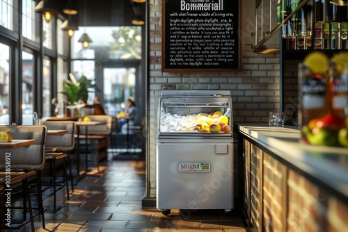 Commercial poster featuring a white chest freezer with an open door in a restaurant dining area, showcasing ice textures and food storage under bright daylight. photo