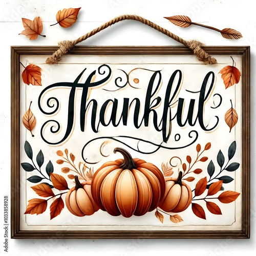 A decorative sign with the word "Thankful."