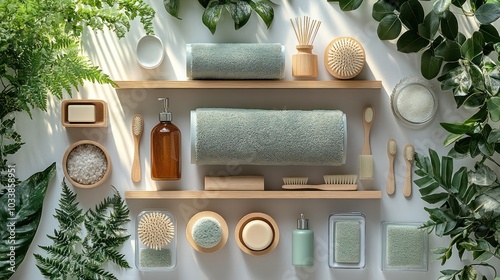 A collection of bathroom items including a green bath mat, a green towel photo