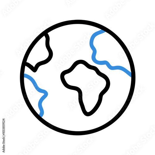 Minimalist Earth globe icon in black and blue representing global concepts