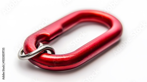 Red locking karabiner done up, isolated on white background, with copy space. Close up of locking carabiner. Basic climbing gear.  photo