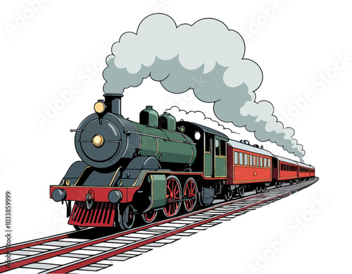 steam locomotive on a railway, isolated on a white background