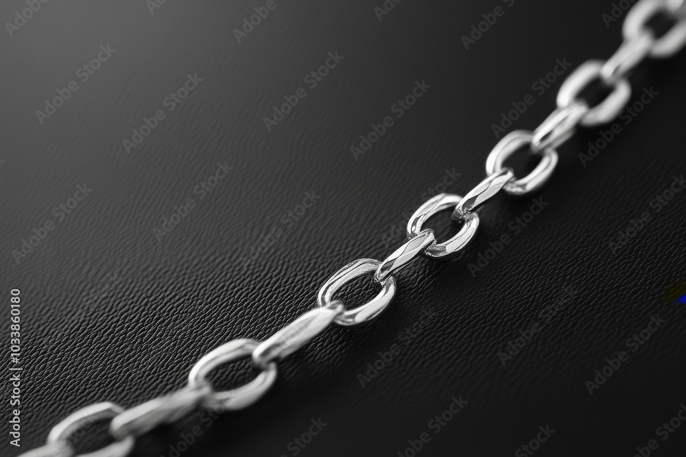 A highly polished silver chain is displayed diagonally against a textured black surface, providing a striking contrast that emphasizes the chain's sleek design. A highly polished silver chain is displayed diagonally against a textured black surface, providing a striking contrast that emphasizes the chain's sleek design.