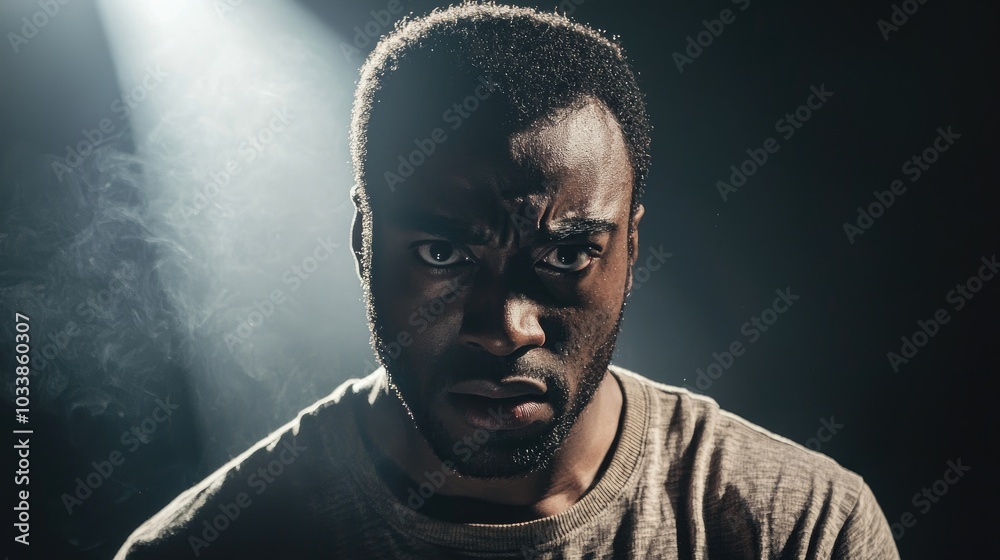 A close-up of an actor with an intense expression performing on stage under a spotlight A close-up of an actor with an intense expression performing on stage under a spotlight