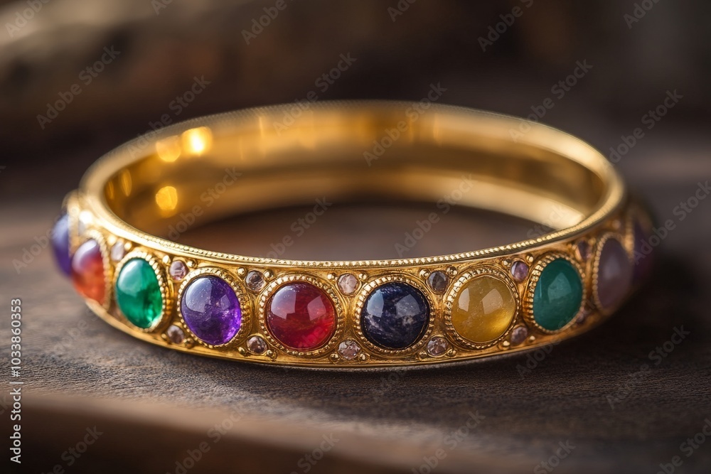 This gold bangle exhibits a luxurious array of gemstones, offering a sophisticated blend of colors and textures, making it a captivating jewelry piece. This gold bangle exhibits a luxurious array of gemstones, offering a sophisticated blend of colors and textures, making it a captivating jewelry piece.