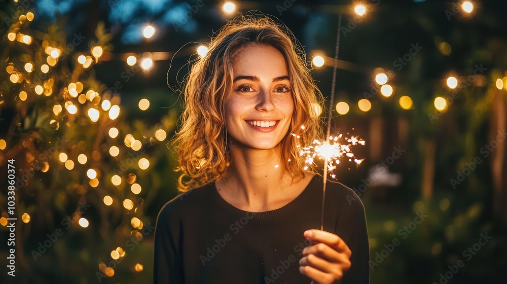 Woman in her 40s holding a sparkler, standing in a garden at night with fairy lights twinkling above