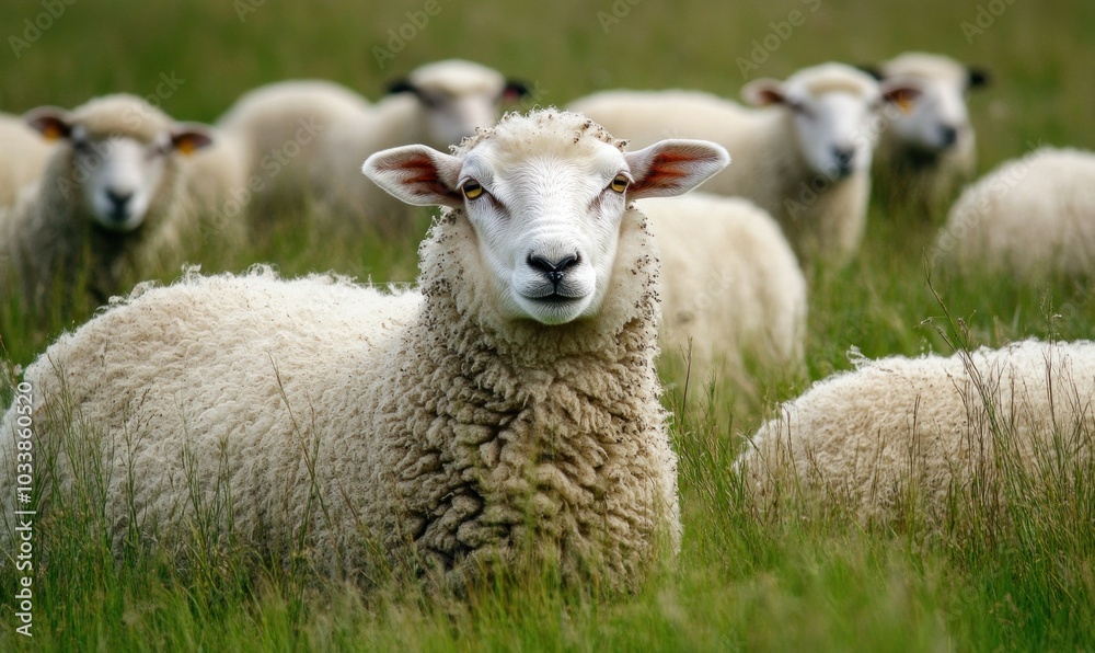 Fototapeta premium Sheep Grazing in Lush Green Field